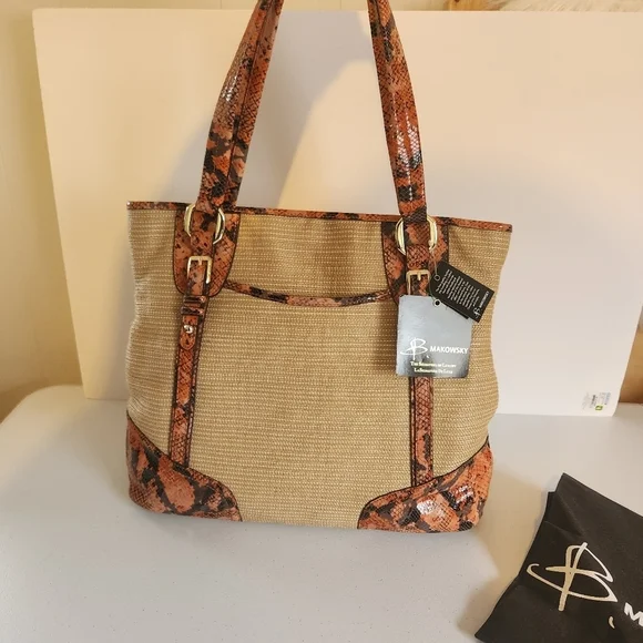B Makowsky Leather Snake Large Shoulder Mansfield Tote Handbag Woven Purse New - Picture 10 of 10